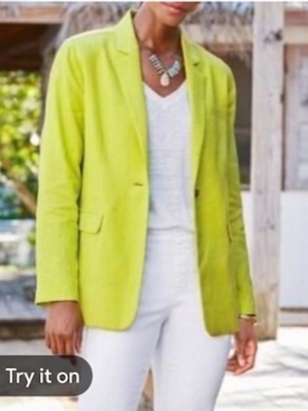 Soft Surroundings Lime Green Linen Blend Single Button Blazer Jacket Size S